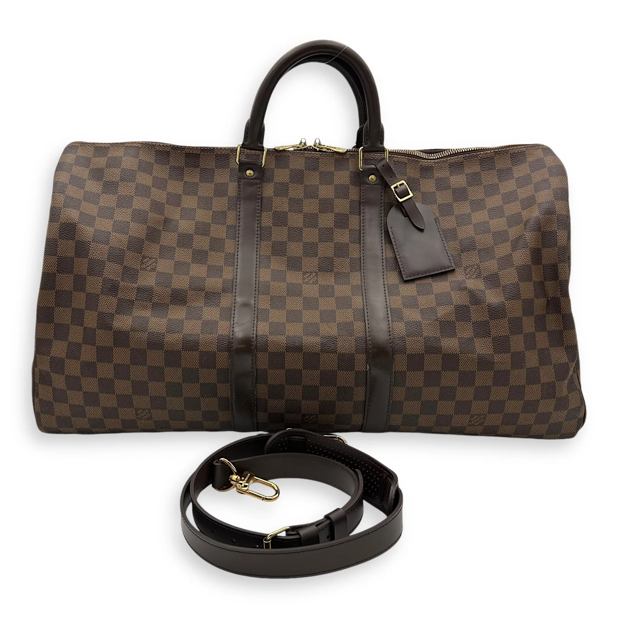 Keepall Duffle Bag 55 Damier Ebene in Coated Canvas, Gold hardware