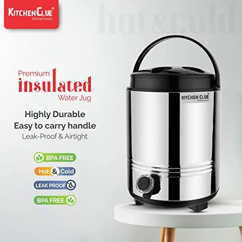 KITCHEN CLUE Double Walled Stainless Steel Hot Tea/Water Thermos For Office Home Kitchen, 8 Liter-Silver, PUF Insulated Hot And Cold Water Dispenser With Leak proof Tap I Durable & Sturdy base