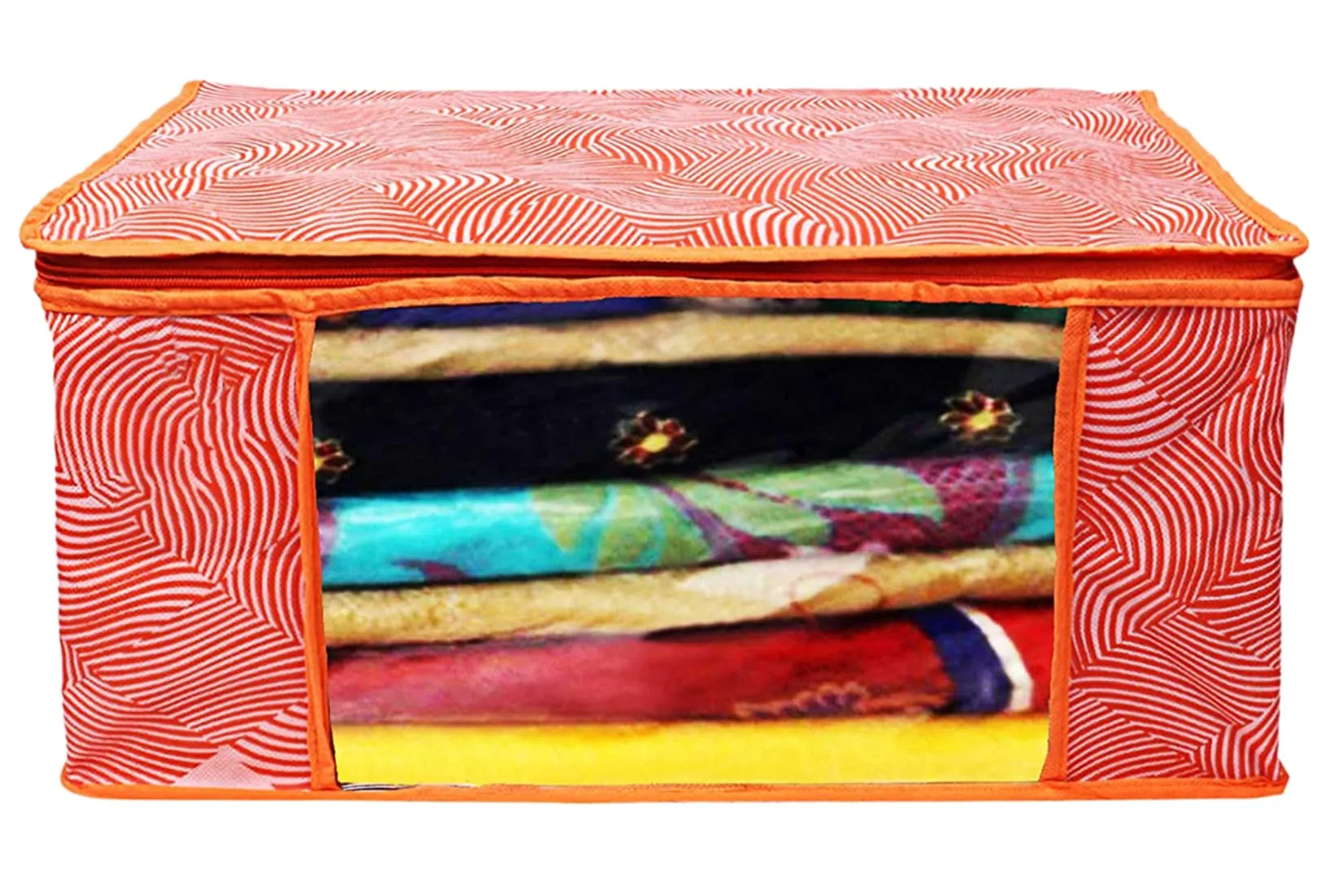 Kuber Industries Lahariya Design Non-woven Sarees, Clothes Cover/Organizer With Transparent Window- Pack of 3 (Orange)-44KM0378