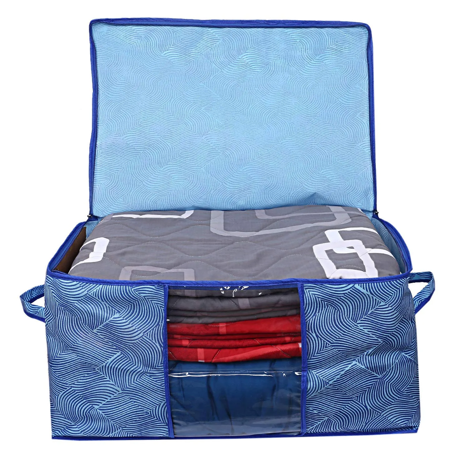 Kuber Industries Laheriya Design Non Woven Underbed Bag|Storage Organiser|Blanket Cover with Transparent Window|Storage Bag For Clothes Large|Pack of 6 (Blue)