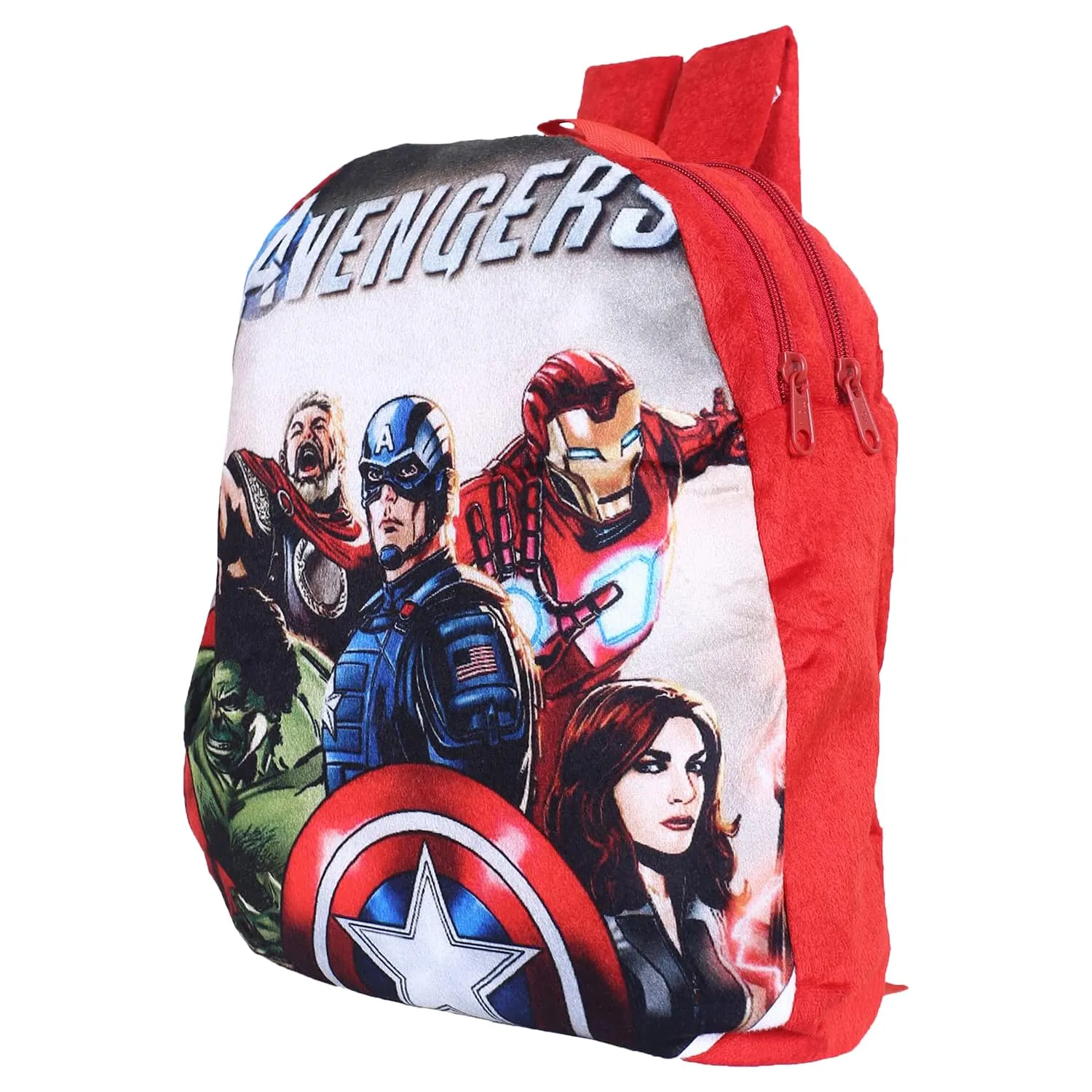 Kuber Industries Marvel Avengers Backpack | 2 Compartment Velvet School Bag | School Bag for Kids | Kids School Backpack | Backpack for School | Red