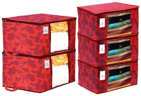 Kuber Industries Metallic Printed Non Woven 3 Pieces Saree Cover and 2 Pieces Underbed Storage Bag, Cloth Organizer for Storage, Blanket Cover Combo Set (Red) -CTKTC038549