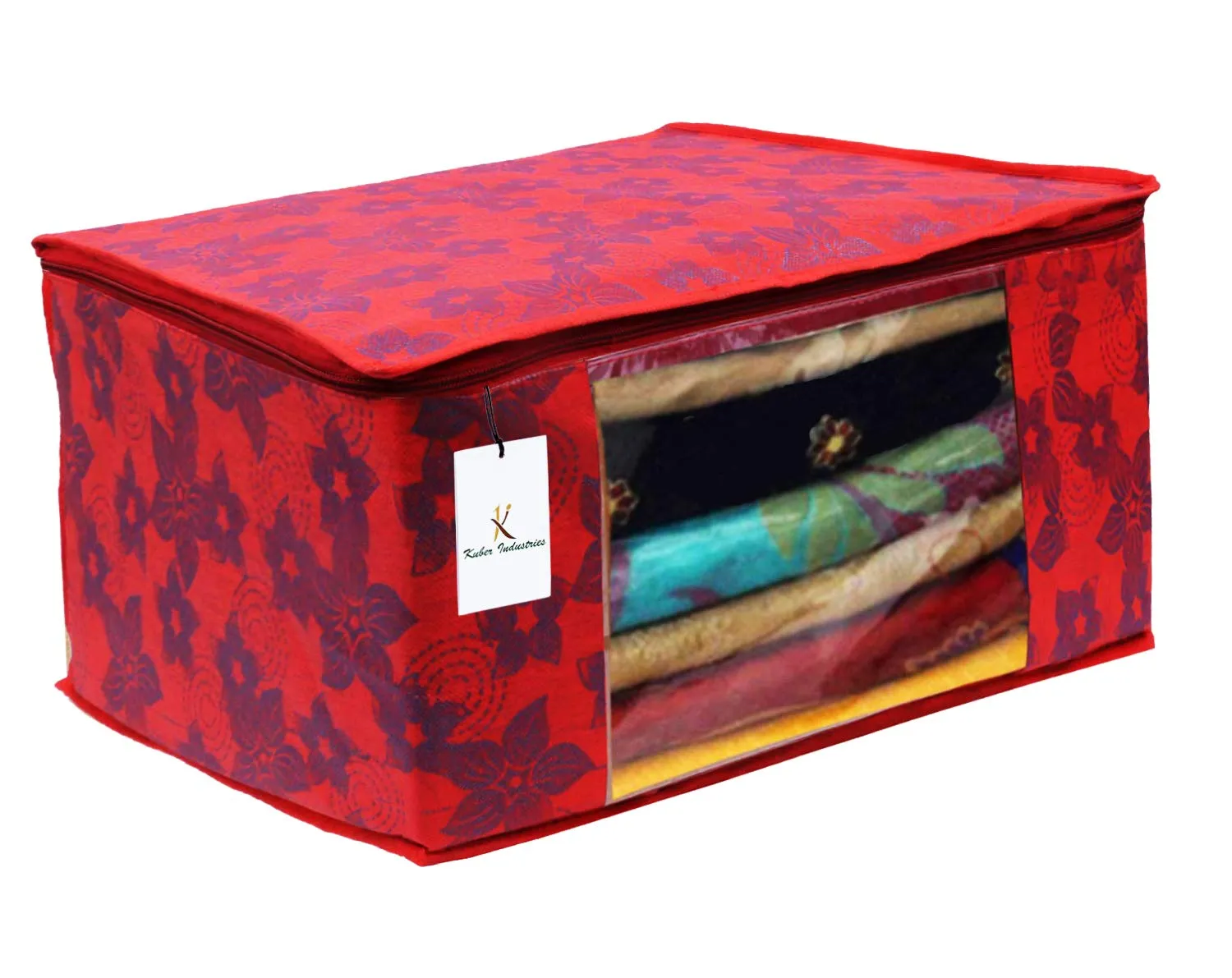 Kuber Industries Metallic Printed Non Woven 3 Pieces Saree Cover and 2 Pieces Underbed Storage Bag, Cloth Organizer for Storage, Blanket Cover Combo Set (Red) -CTKTC038549