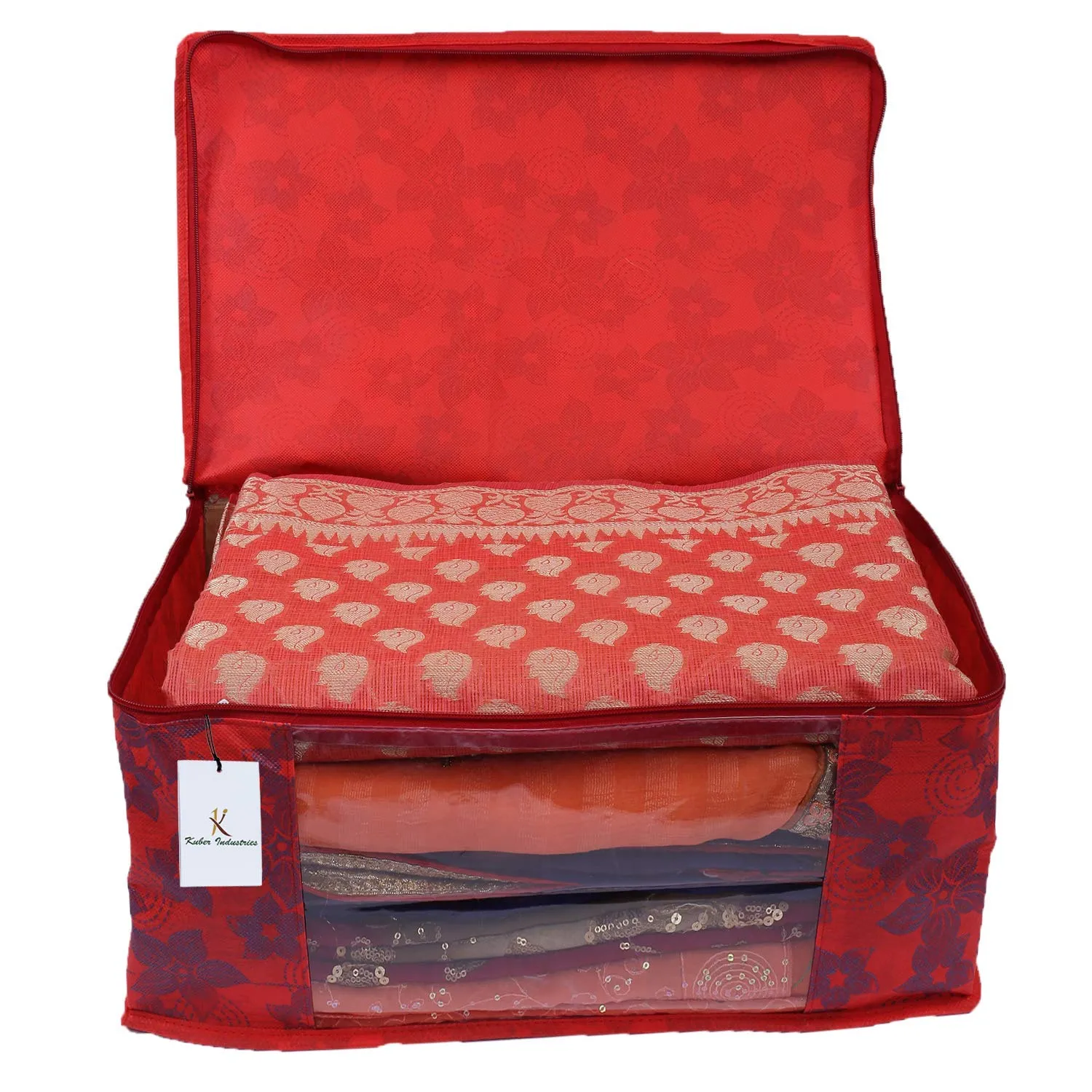 Kuber Industries Metallic Printed Non Woven 3 Pieces Saree Cover and 2 Pieces Underbed Storage Bag, Cloth Organizer for Storage, Blanket Cover Combo Set (Red) -CTKTC038549