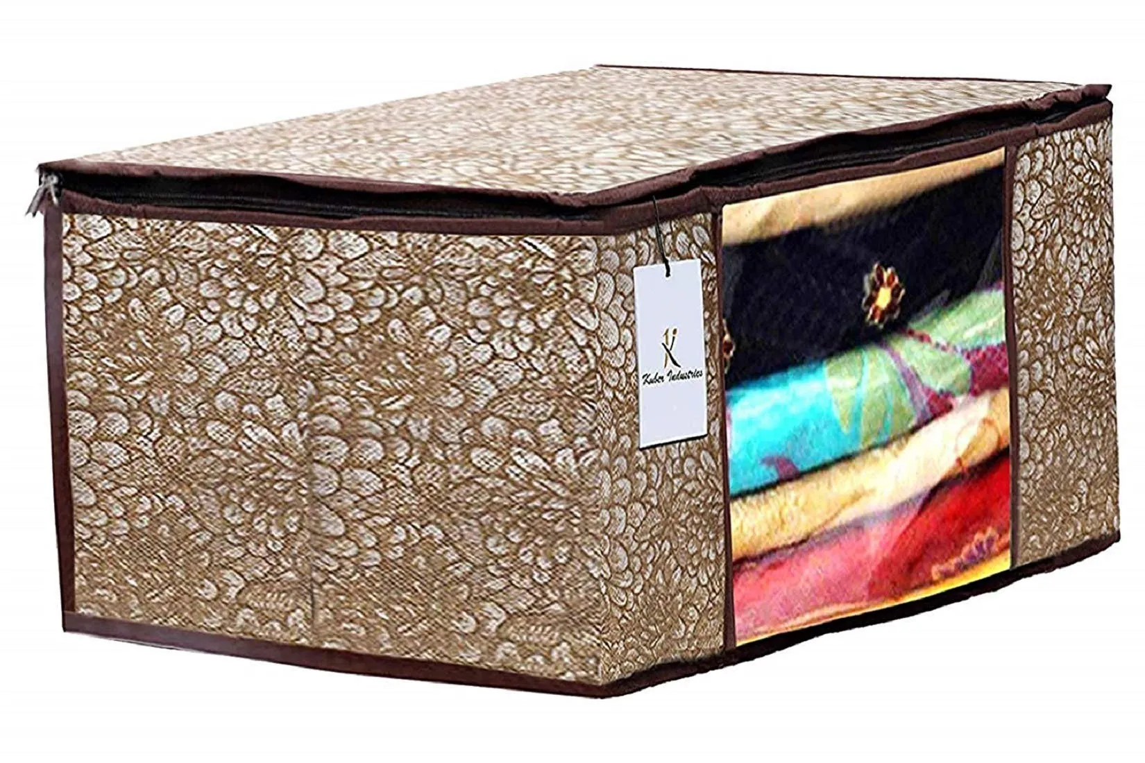 Kuber Industries Metallic Printed Non Woven 4 Pieces Saree Cover And 4 Pieces Underbed Storage Bag, Cloth Organizer For Storage, Blanket Cover Combo Set (Gold & Brown) - CTKTC038601