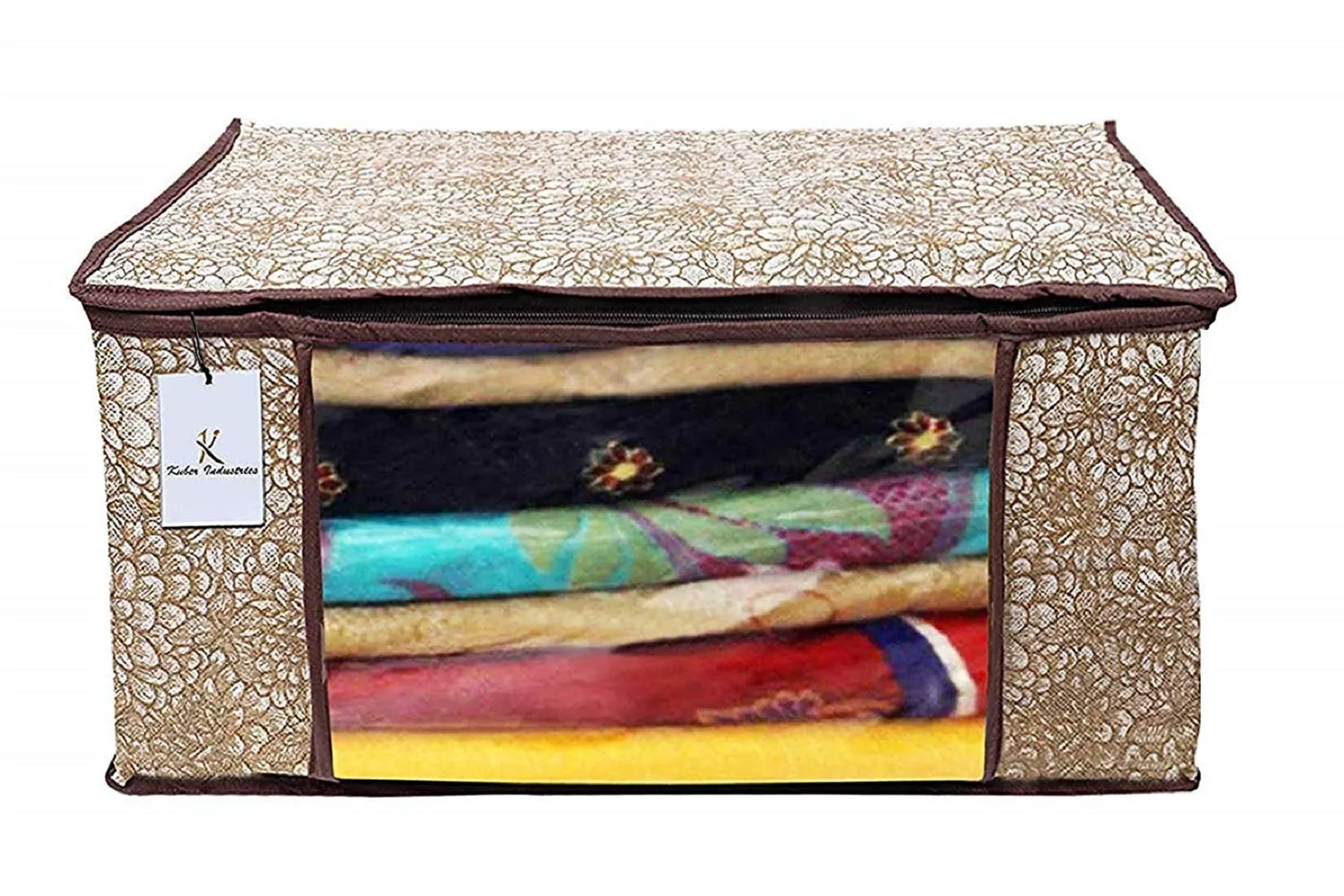 Kuber Industries Metallic Printed Non Woven 4 Pieces Saree Cover And 4 Pieces Underbed Storage Bag, Cloth Organizer For Storage, Blanket Cover Combo Set (Gold & Brown) - CTKTC038601