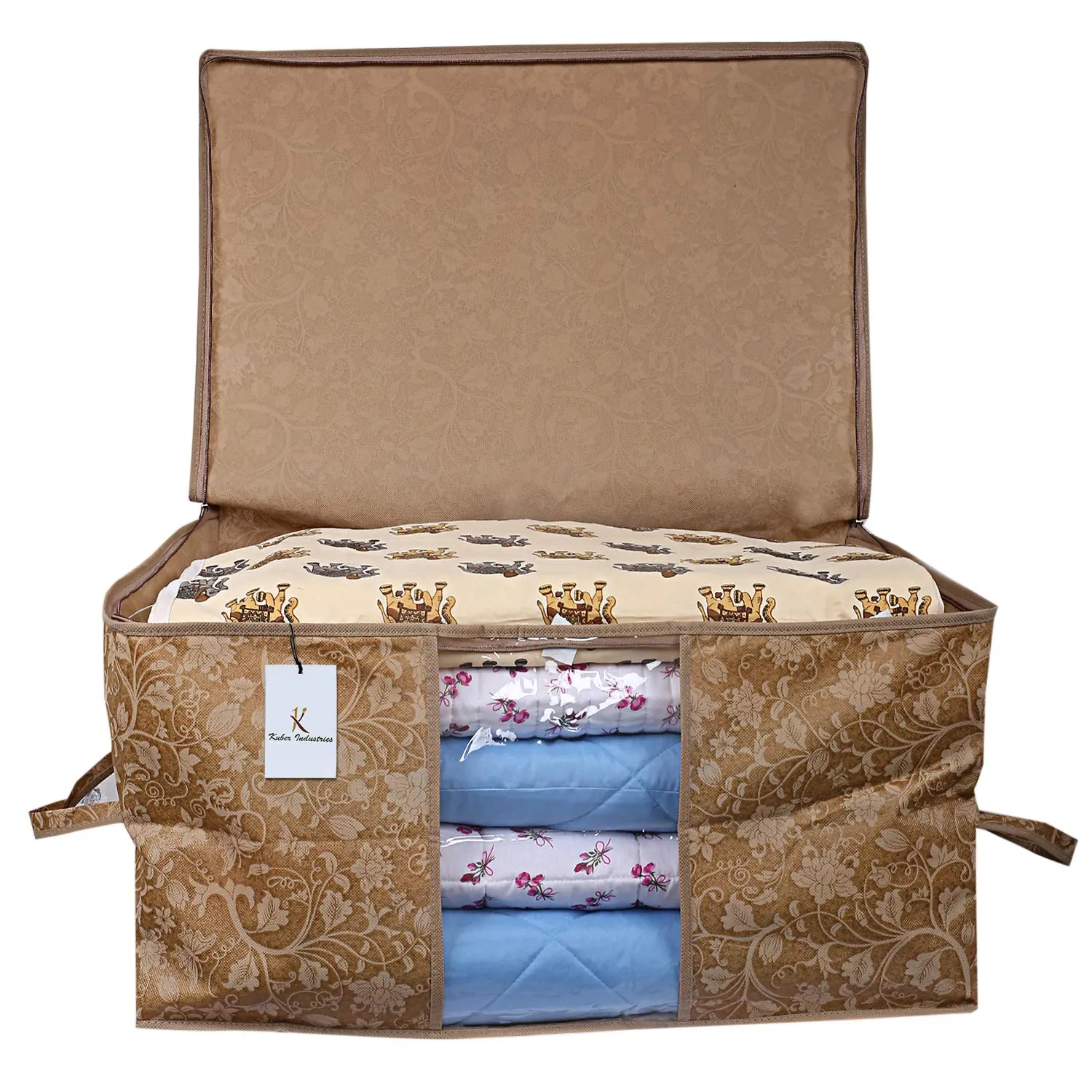 Kuber Industries Underbed Rectangular Non Woven Storage Bag|Storage Organiser|Blanket Cover| Set of 3 (Beige, Non-Woven)