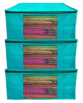 Kuber Industries Wardrobe Organizer/Cover/Storage Bag For Store Saree, Lehenga, Suit, Dress, Clothes- Pack of 3 (Blue), Non-Woven Fabric