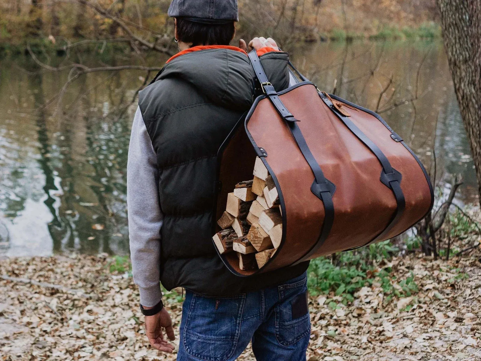 Leather Log Carrier : Gift for Home, Fireplace decor, Christmas gift