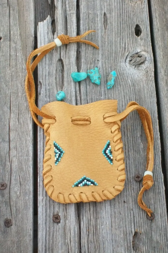 Leather medicine pouch , beaded amulet bag