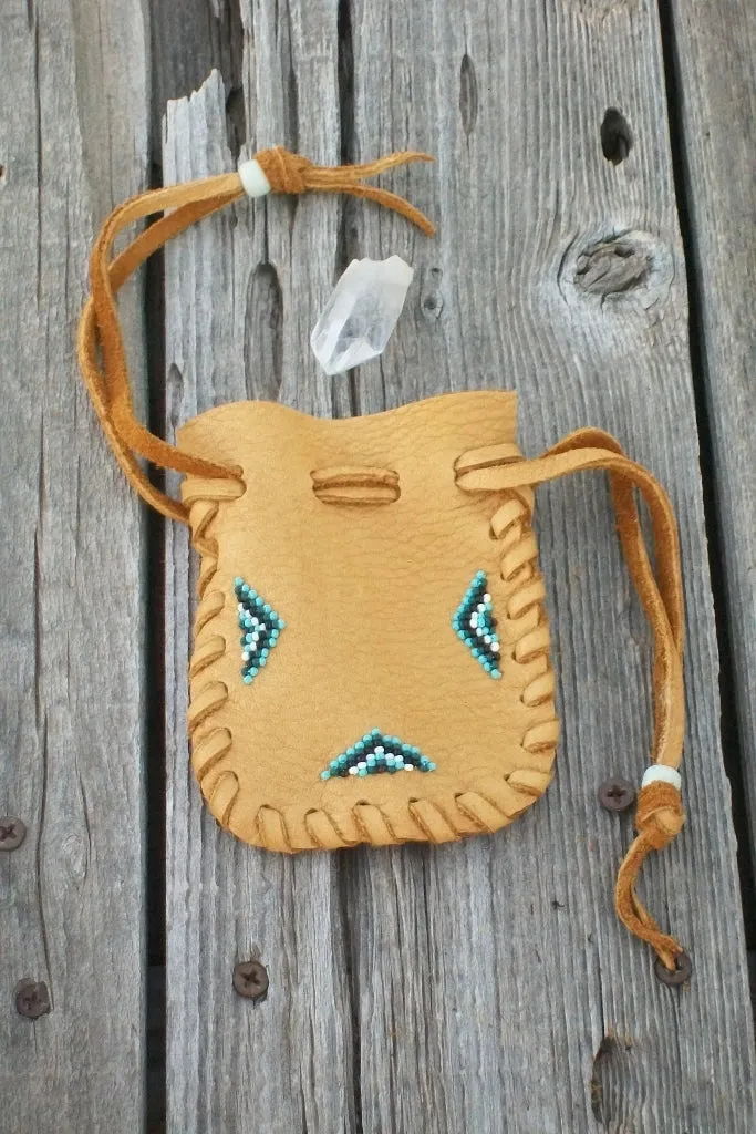 Leather medicine pouch , beaded amulet bag