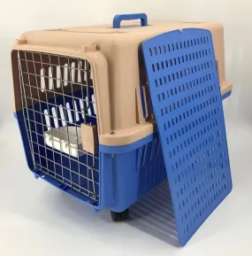 Lightweight Blue Large Pet Carrier Crate with Wheels & Bowl