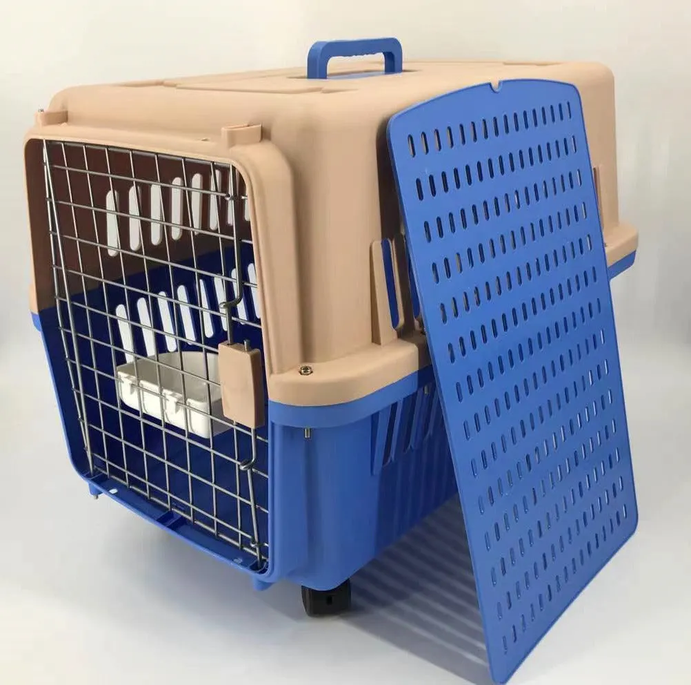 Lightweight Blue Large Pet Carrier Crate with Wheels & Bowl