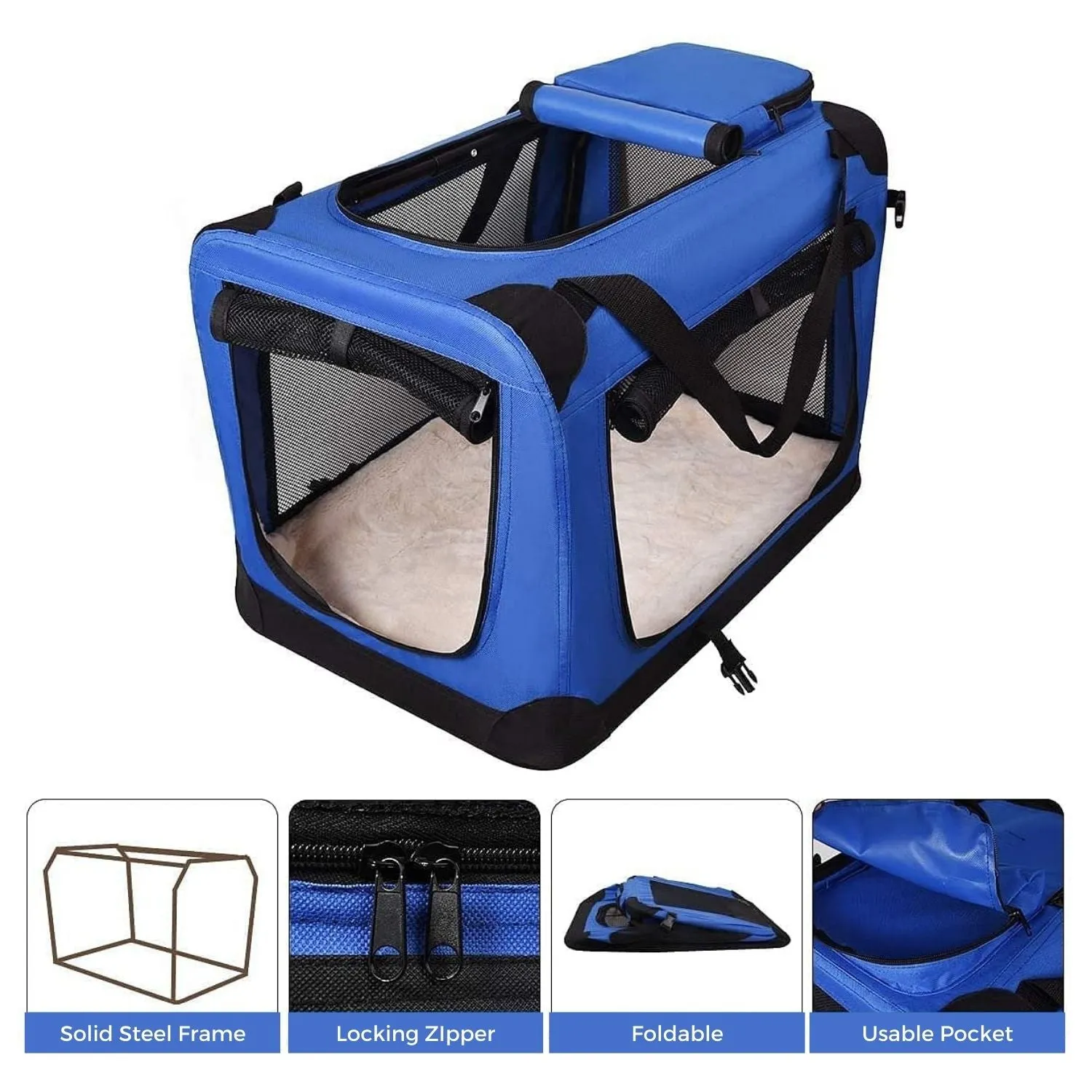 Lightweight XL Portable Pet Carrier, Steel Frame, Blue - FLOOFI