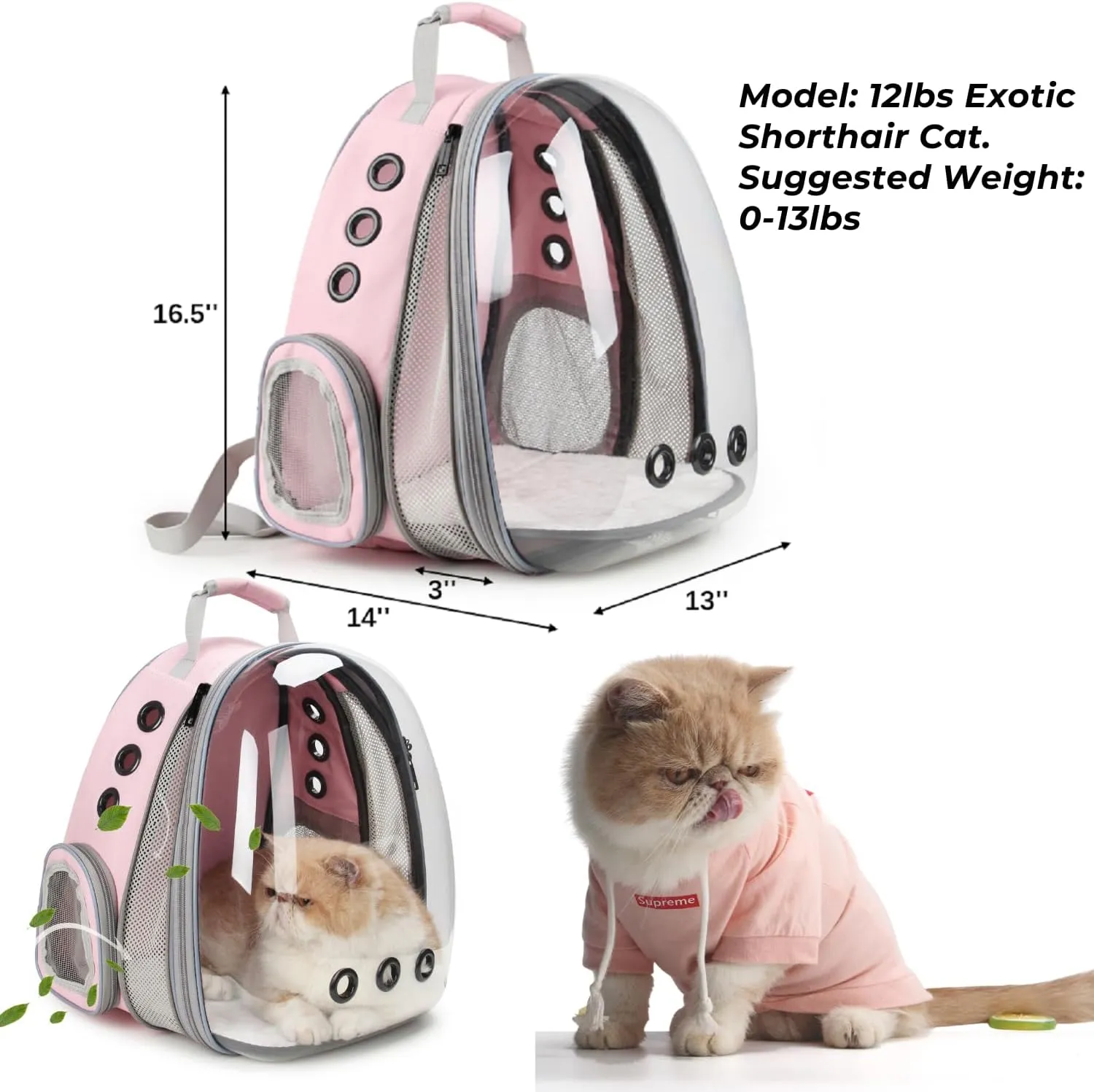 Lollimeow Bubble Pet Carrier Backpack, Airline-Approved for Cats and Puppies, Designed for Travel, Hiking, and Outdoor Adventures (Pink-Front Expandable)