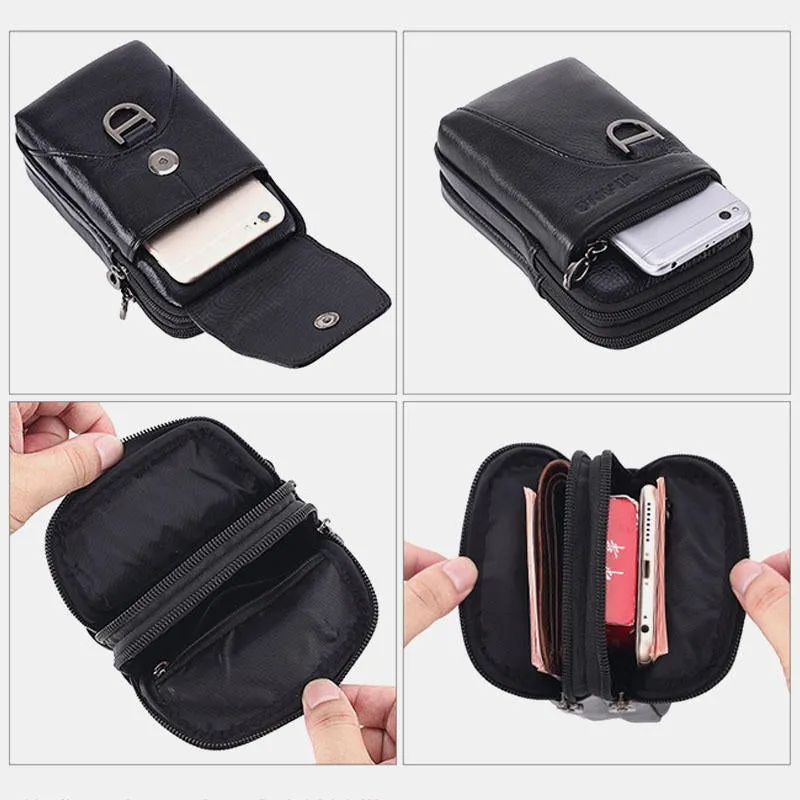 Men Cowhide Leather Genuine Multifunctional Waist Bag Phone