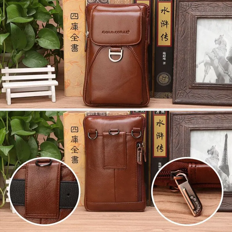 Men Multifunction Genuine Leather Belt Bag Retro 6.5 Inch Phone Wear Resistant Waterproof Waist