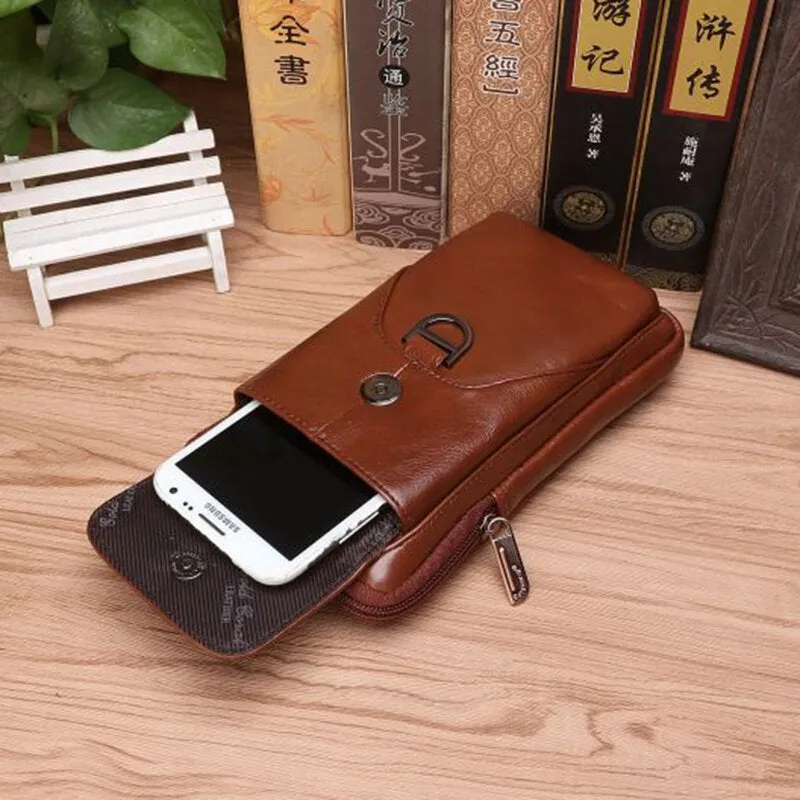 Men Multifunction Genuine Leather Belt Bag Retro 6.5 Inch Phone Wear Resistant Waterproof Waist