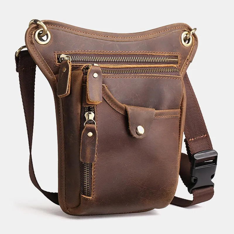 Men Retro Genuine Leather Multi-pocket Waist Bag Outdoor Sport 6.5 Inch Phone Zipper Crossbody Bags Shoulder