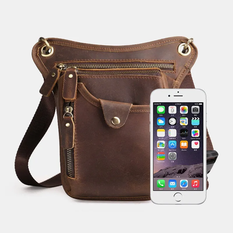 Men Retro Genuine Leather Multi-pocket Waist Bag Outdoor Sport 6.5 Inch Phone Zipper Crossbody Bags Shoulder