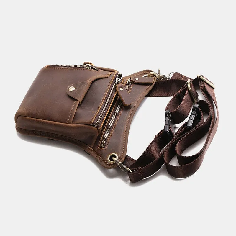 Men Retro Genuine Leather Multi-pocket Waist Bag Outdoor Sport 6.5 Inch Phone Zipper Crossbody Bags Shoulder