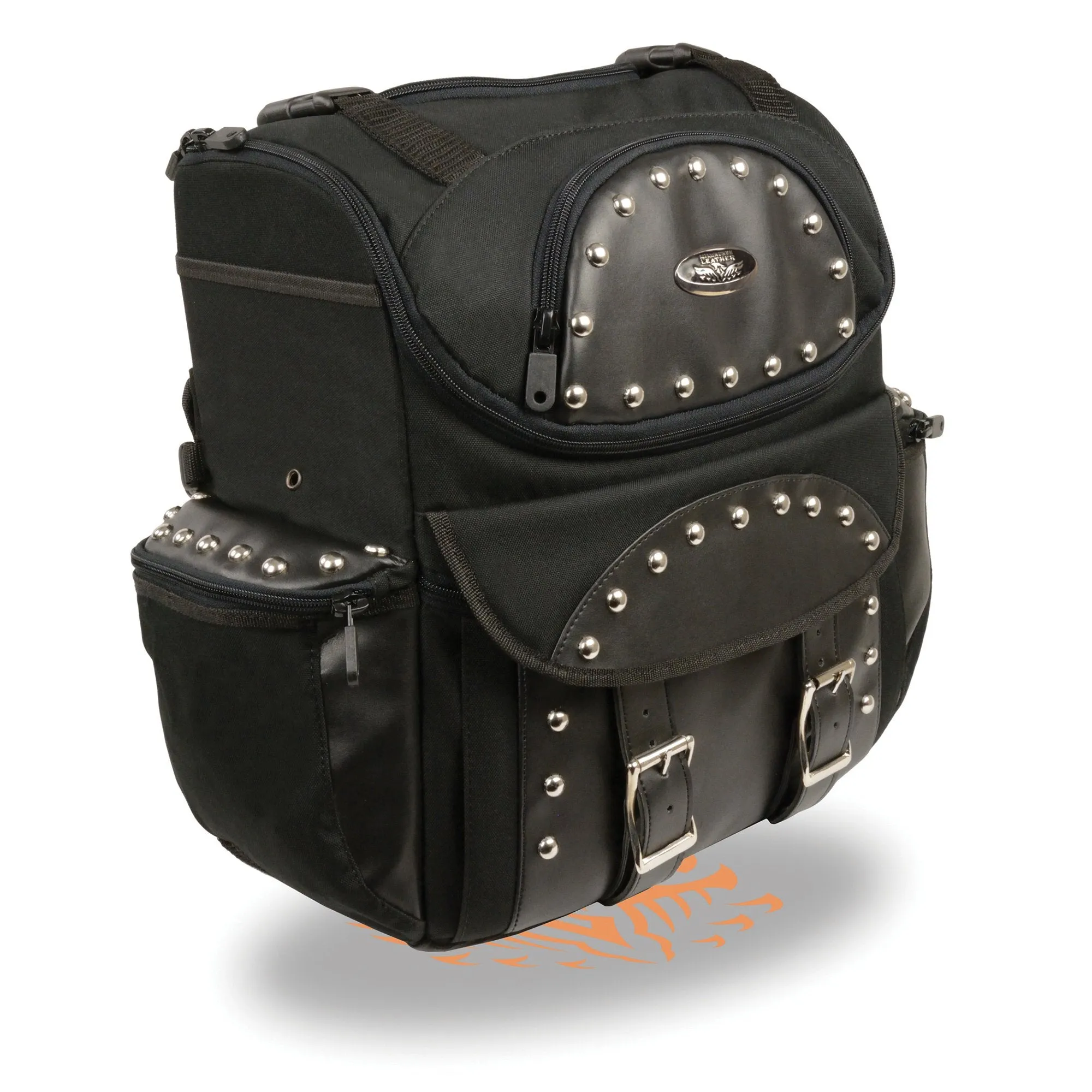 Milwaukee Leather SH602S Medium Black Textile Two Piece Studded Touring Sissy Bar Motorcycle Bag