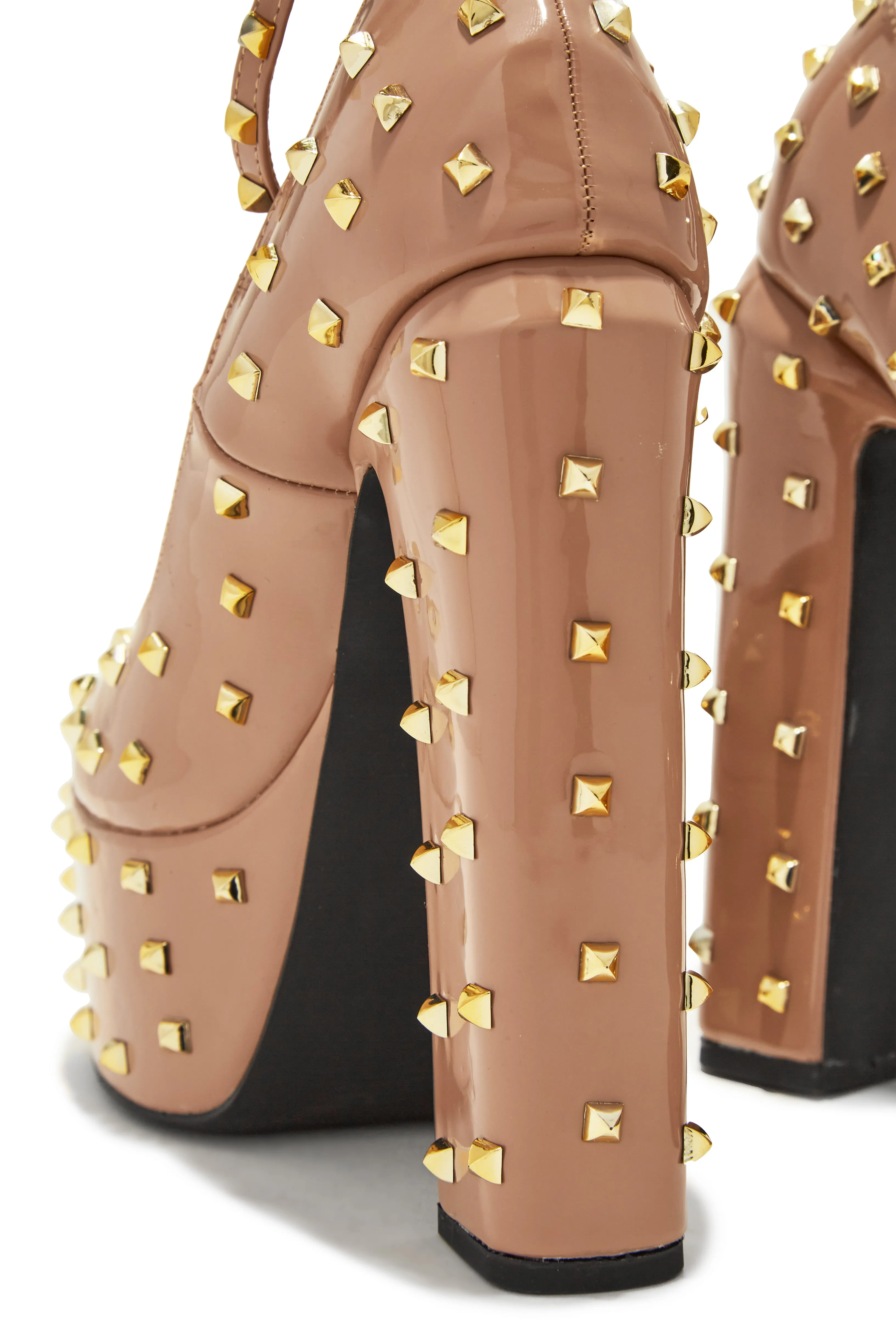 Nayomi Studded Platform Block High Heels - Nude