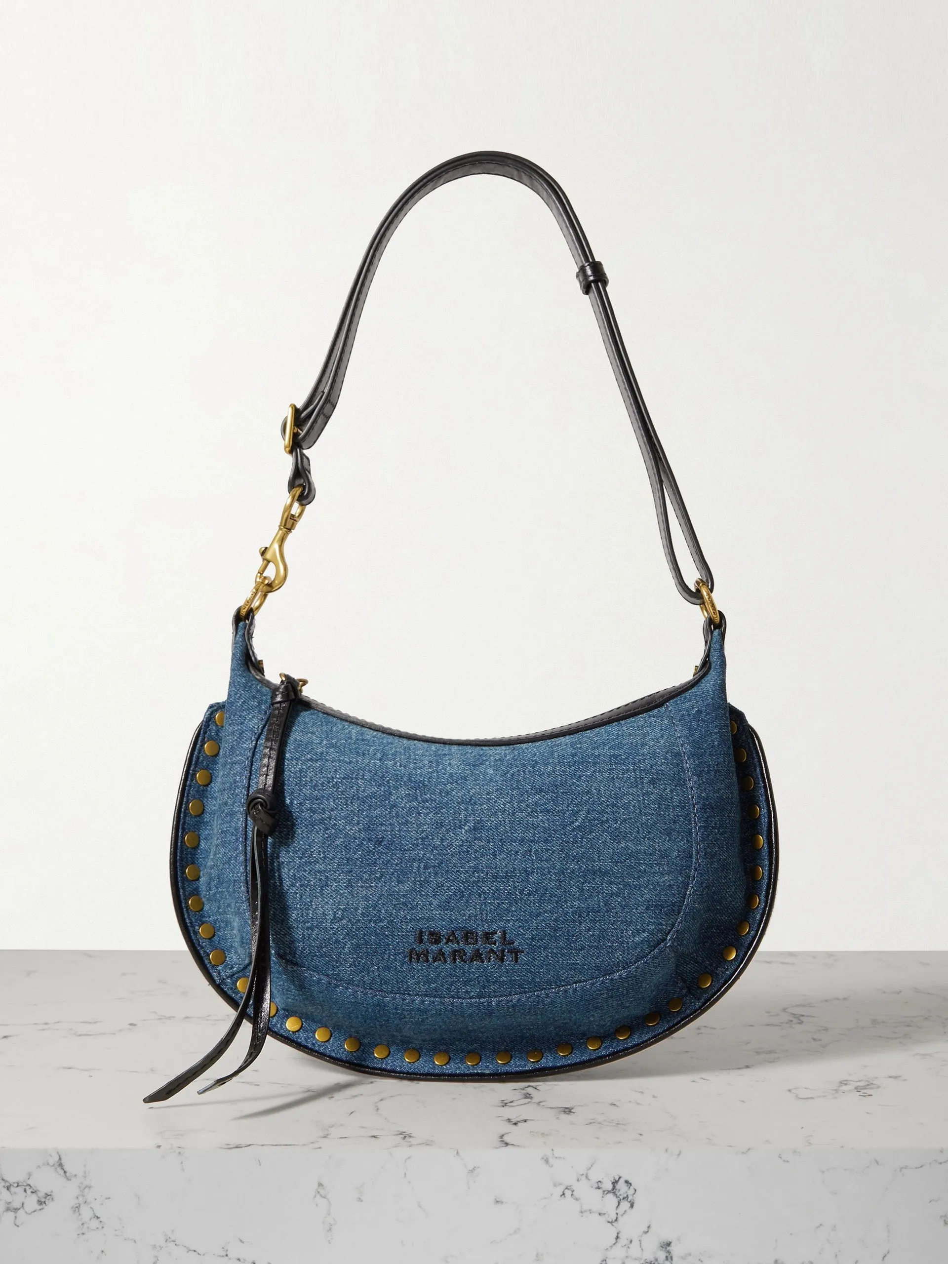 Oskan Moon leather-trimmed studded denim shoulder bag