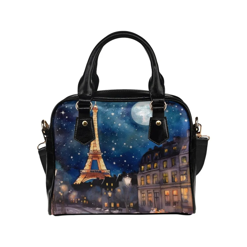 Paris Purse, Night Eifel Tower Travel Pattern Cute Small Shoulder Zip Bag Vegan Leather Women Designer Handbag Crossbody Ladies