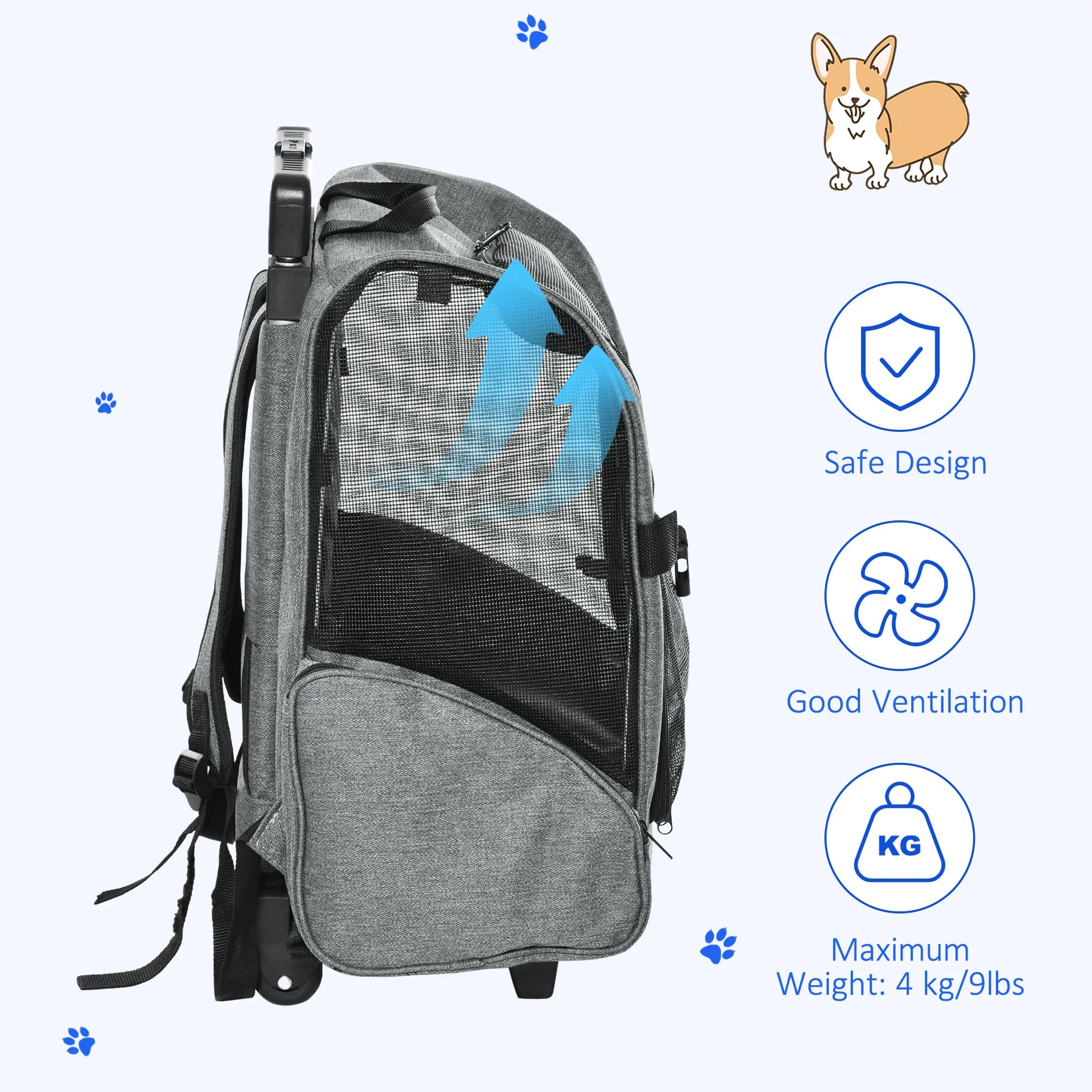 PawHut Pet Grey Travel Backpack Bag Cat Puppy Dog Carrier w/ Trolley and Telescopic Handle Portable Stroller Wheel Luggage Bag