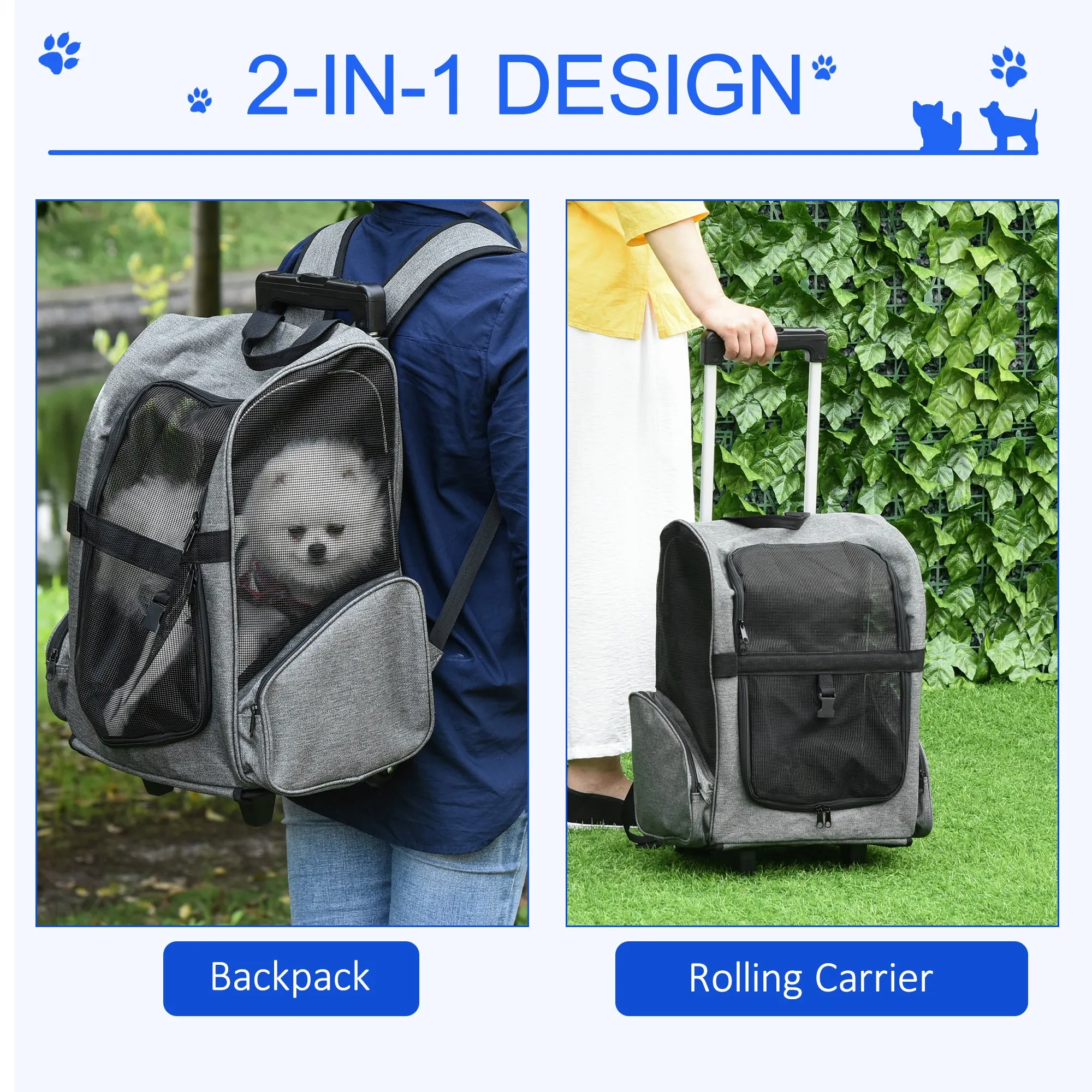 PawHut Pet Grey Travel Backpack Bag Cat Puppy Dog Carrier w/ Trolley and Telescopic Handle Portable Stroller Wheel Luggage Bag