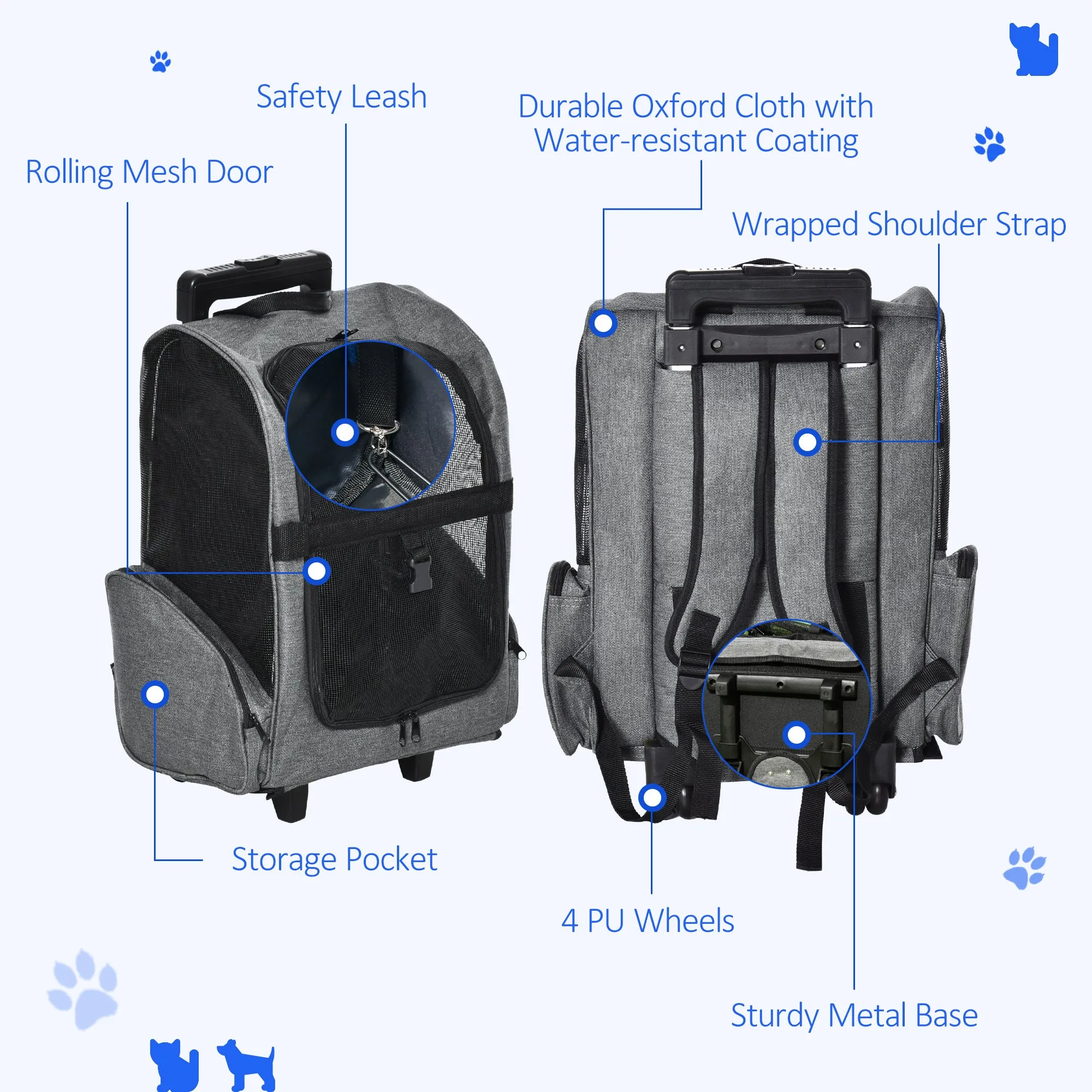 PawHut Pet Grey Travel Backpack Bag Cat Puppy Dog Carrier w/ Trolley and Telescopic Handle Portable Stroller Wheel Luggage Bag