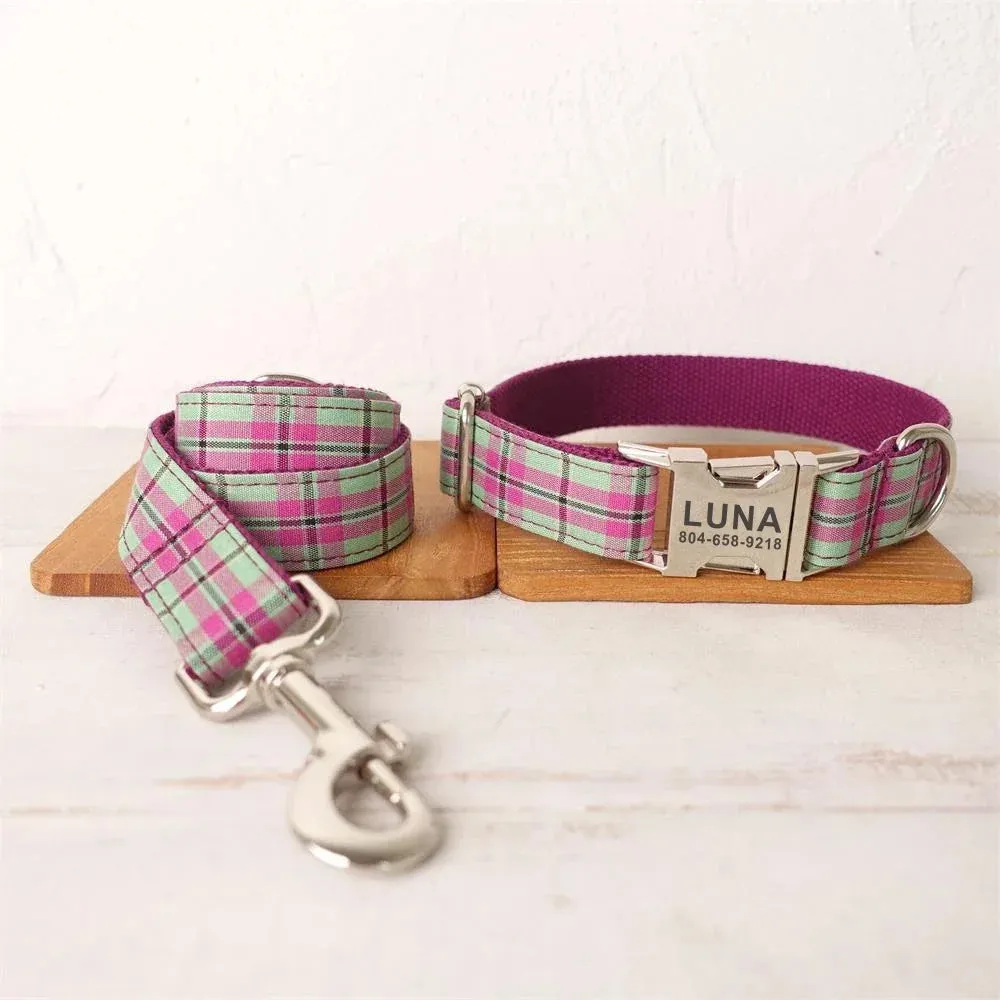 Personalized Dog Collar Customized Pet Collar Free Engraving ID Name Tag Pet Accessory Purple Green Plaid Puppy Collar Leash