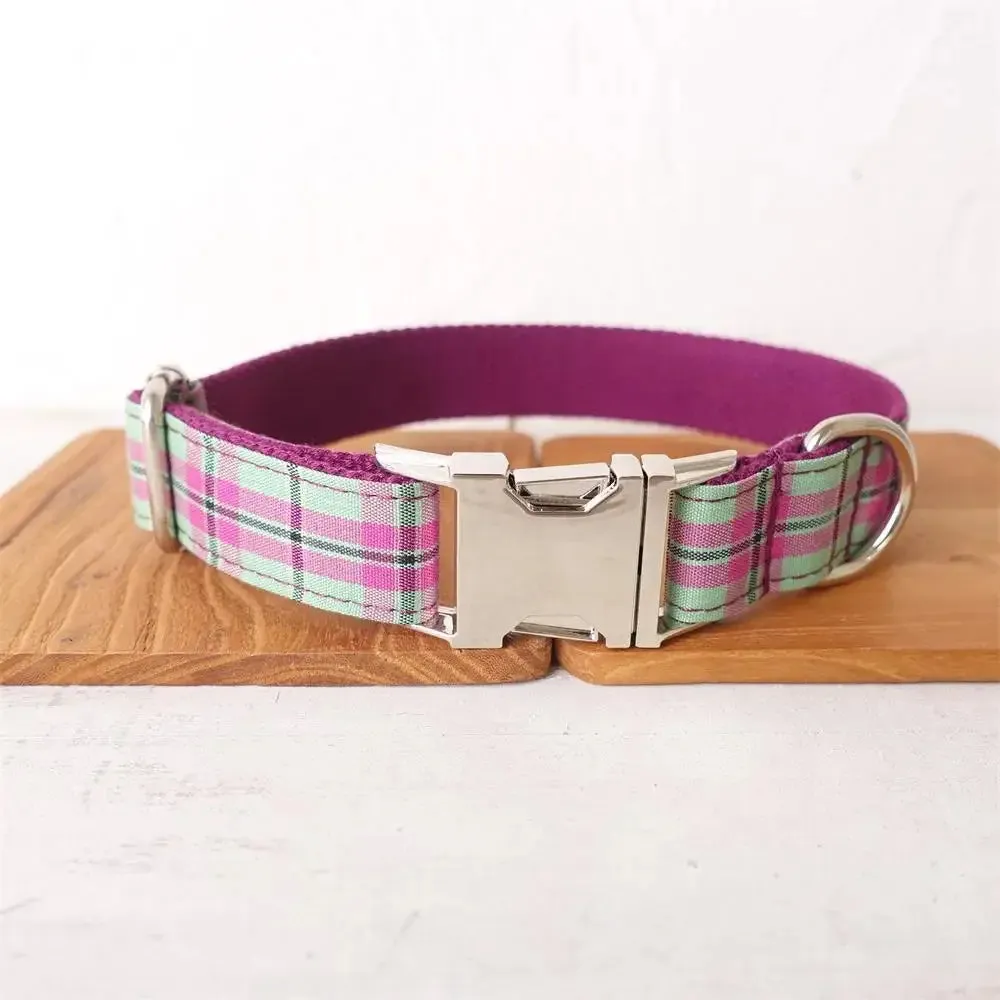 Personalized Dog Collar Customized Pet Collar Free Engraving ID Name Tag Pet Accessory Purple Green Plaid Puppy Collar Leash