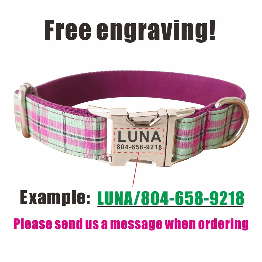 Personalized Dog Collar Customized Pet Collar Free Engraving ID Name Tag Pet Accessory Purple Green Plaid Puppy Collar Leash