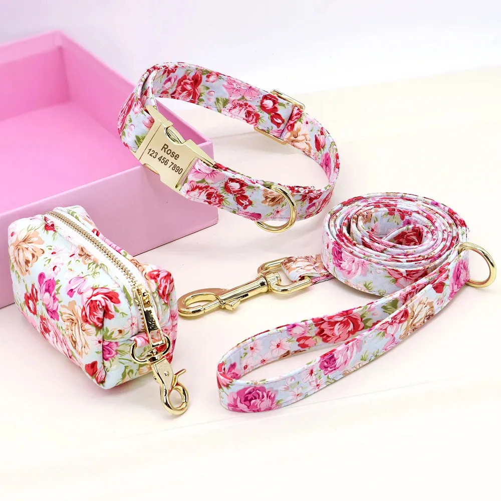 Personalized Dog Collar Leash With Bag Nylon Printed Pet ID Collars Lead Rope Portable Dogs Travel Bag for Snack Whistle Key