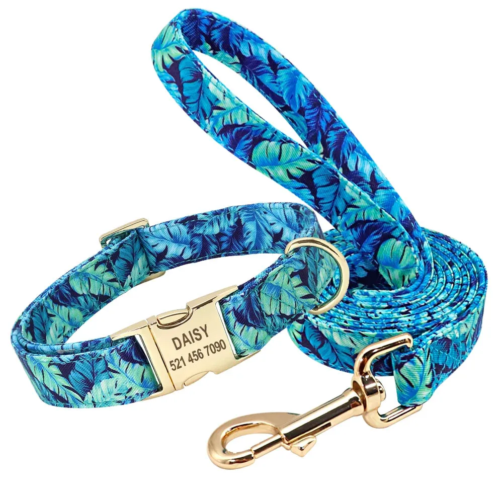 Personalized Dog Collar Leash With Bag Nylon Printed Pet ID Collars Lead Rope Portable Dogs Travel Bag for Snack Whistle Key