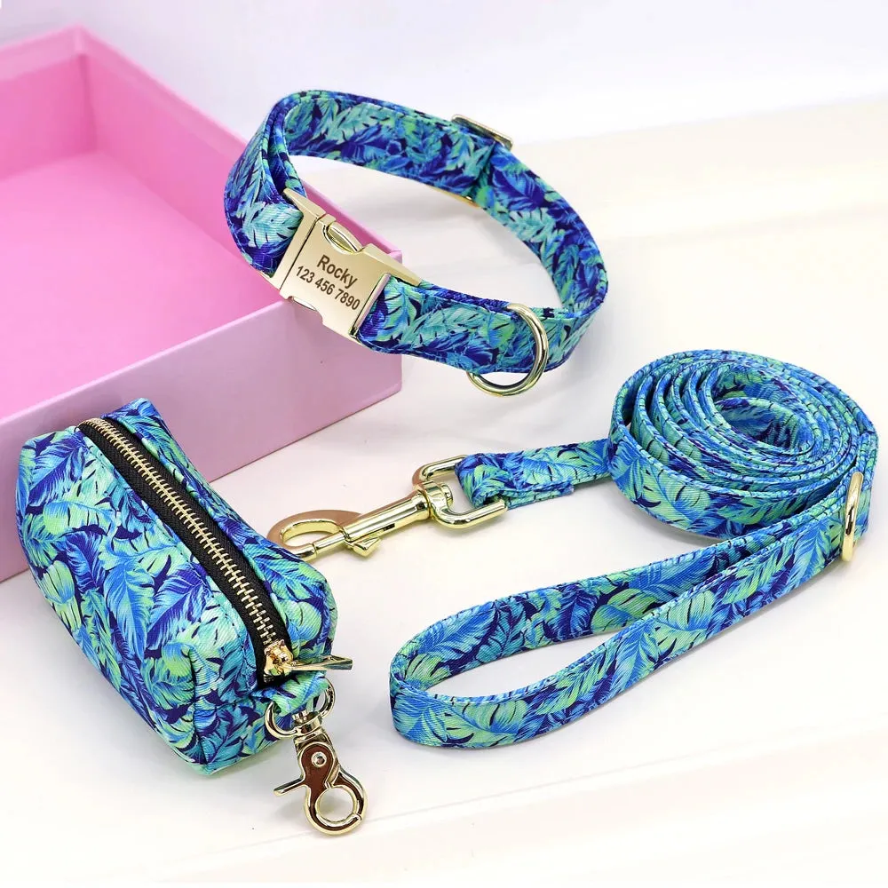 Personalized Dog Collar Leash With Bag Nylon Printed Pet ID Collars Lead Rope Portable Dogs Travel Bag for Snack Whistle Key