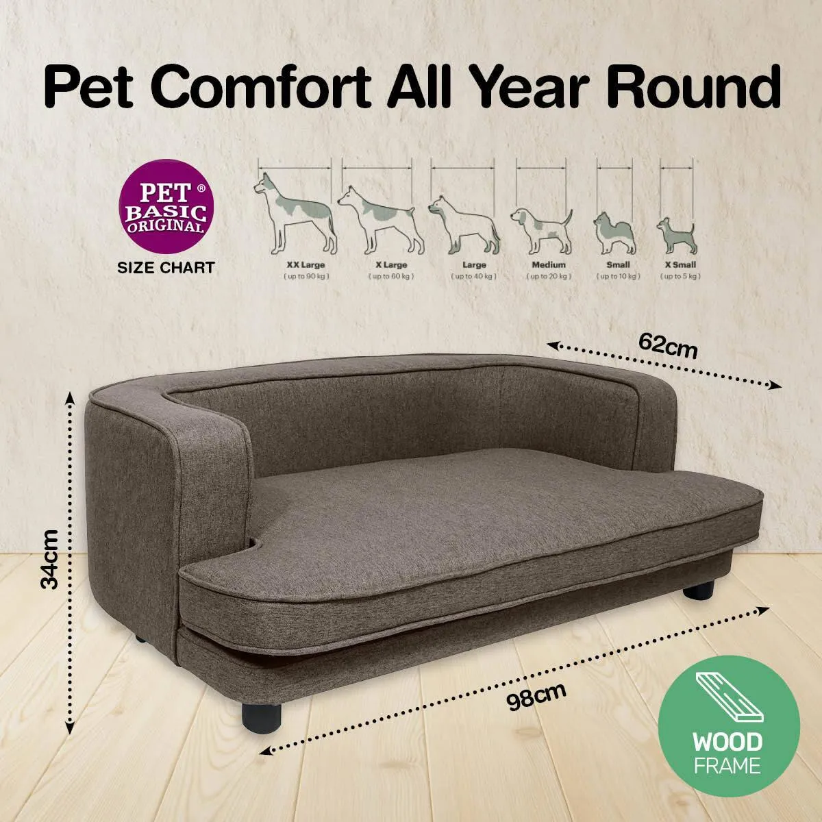 Pet Basic Pet Sofa Bed Stylish Luxurious Sturdy Washable Fabric Brown 98cm