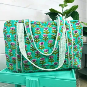 Quilted Overnight Bag- Aqua Floral