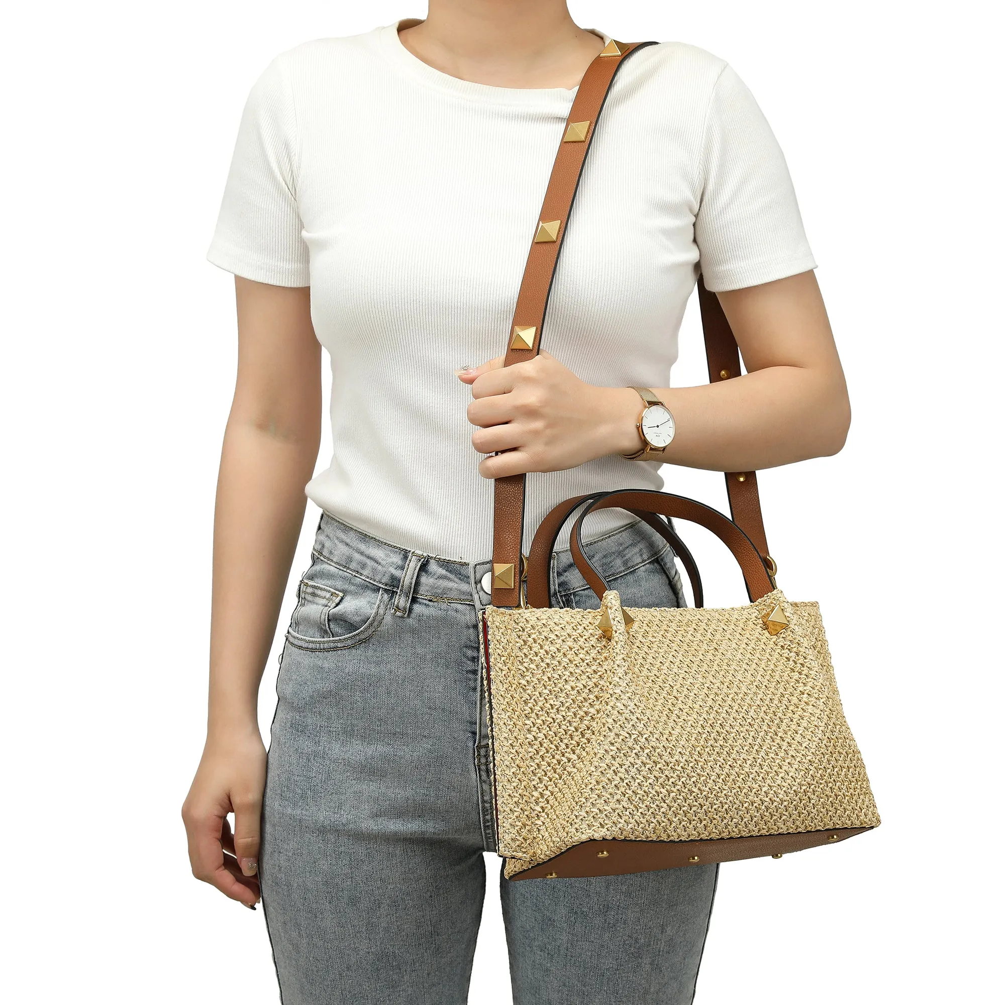 Raffia & Leather Top-Handle Tote