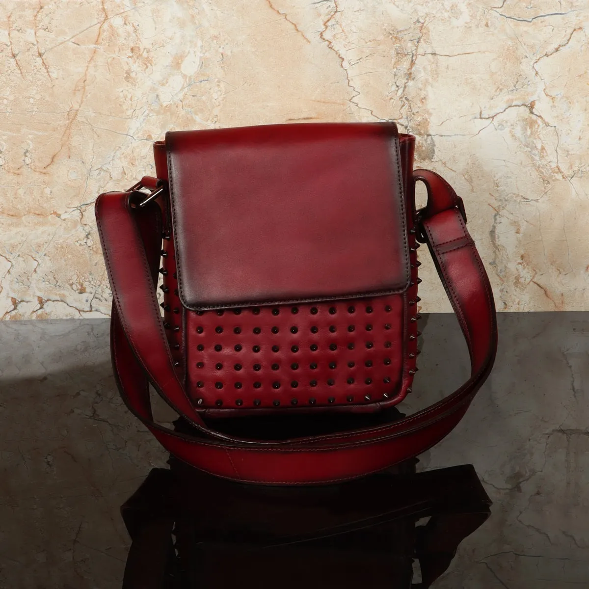 Sling Flap Over Black Studded Crossbody Wine Leather Bag