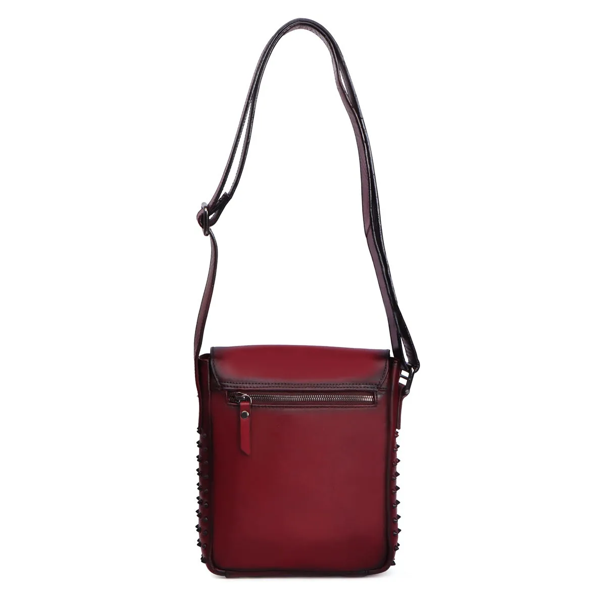 Sling Flap Over Black Studded Crossbody Wine Leather Bag