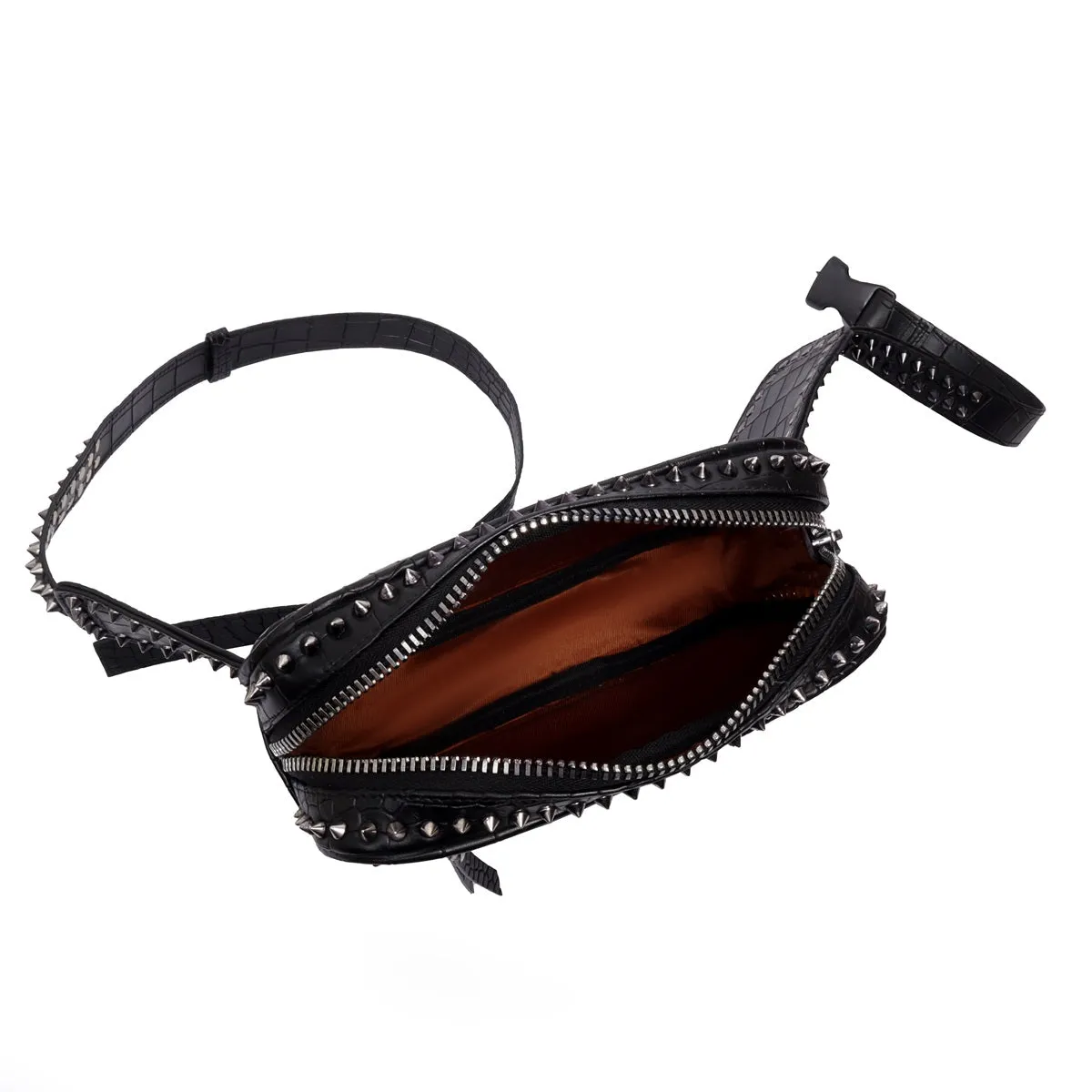 Sliver Stud Waist fanny Pack Bag In Black Croco Texture Leather