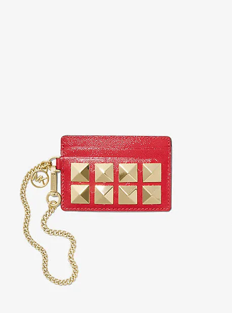 Small Studded Textured Leather Chain Card Case