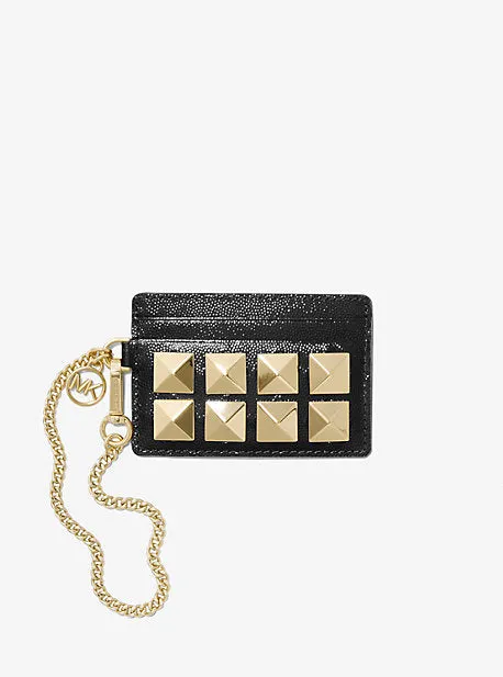 Small Studded Textured Leather Chain Card Case