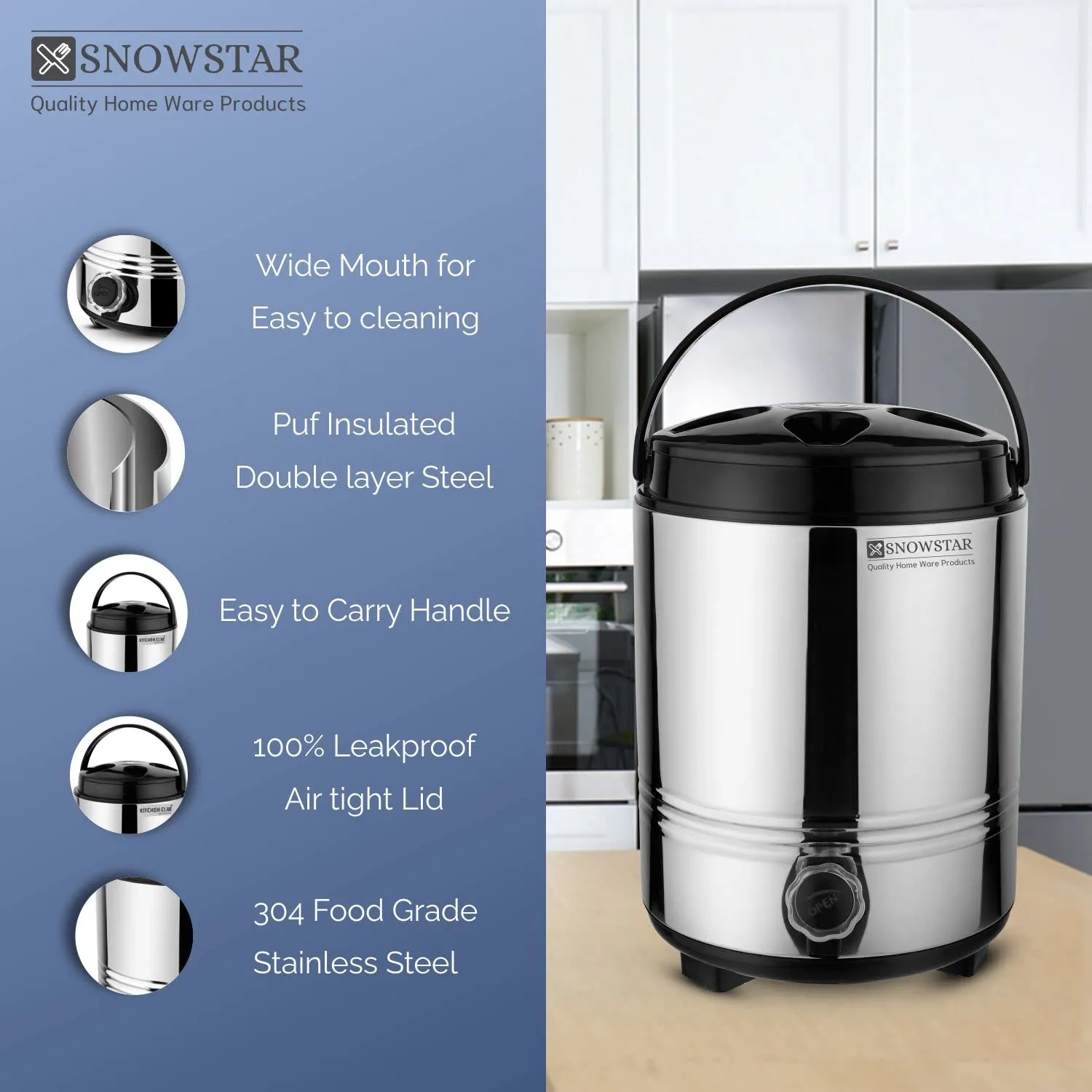 Snowstar Double Walled Stainless Steel Hot Tea/Water Thermos for Office Home Kitchen, 8 Liter-Silver, PUF Insulated Hot and Cold Water Dispenser with Leak Proof Tap I Durable & Sturdy Base