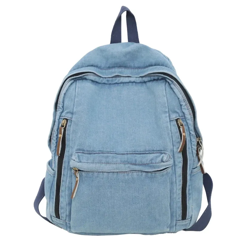 Sohiwoo Washed Denim Multi Pocket Backpack Fashion Vintage Women's Backpack Men Leisure Student School Bags Trendy Cool Travel Book Bag