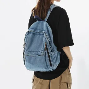 Sohiwoo Washed Denim Multi Pocket Backpack Fashion Vintage Women's Backpack Men Leisure Student School Bags Trendy Cool Travel Book Bag