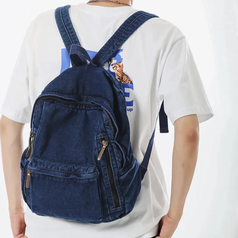 Sohiwoo Washed Denim Multi Pocket Backpack Fashion Vintage Women's Backpack Men Leisure Student School Bags Trendy Cool Travel Book Bag